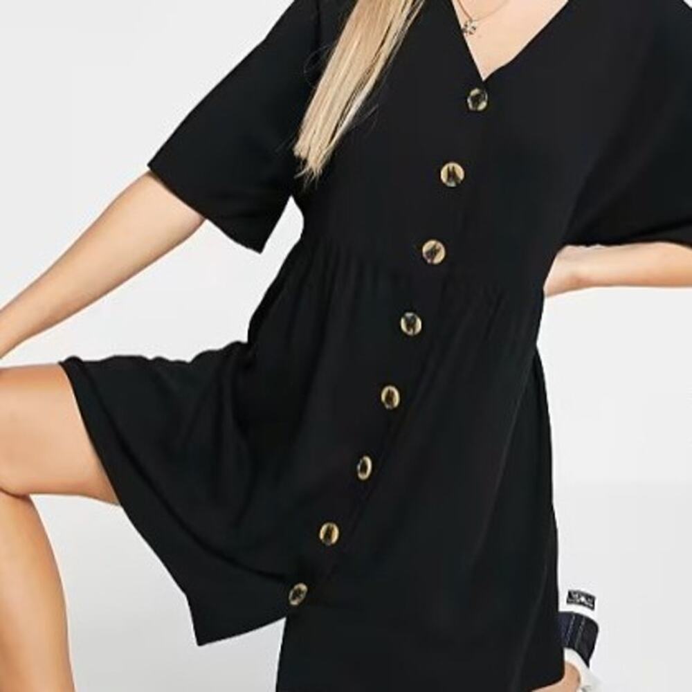 Asos V-Neck Button Down Mini Smock Dress in Black Size 12 NWT